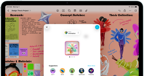 iPad Air, pohled zepředu, orientace na šířku, tlačítka zvýšení a snížení hlasitosti a tlačítko napájení, na displeji se zobrazuje barevné rozhraní aplikace s různými ikonami